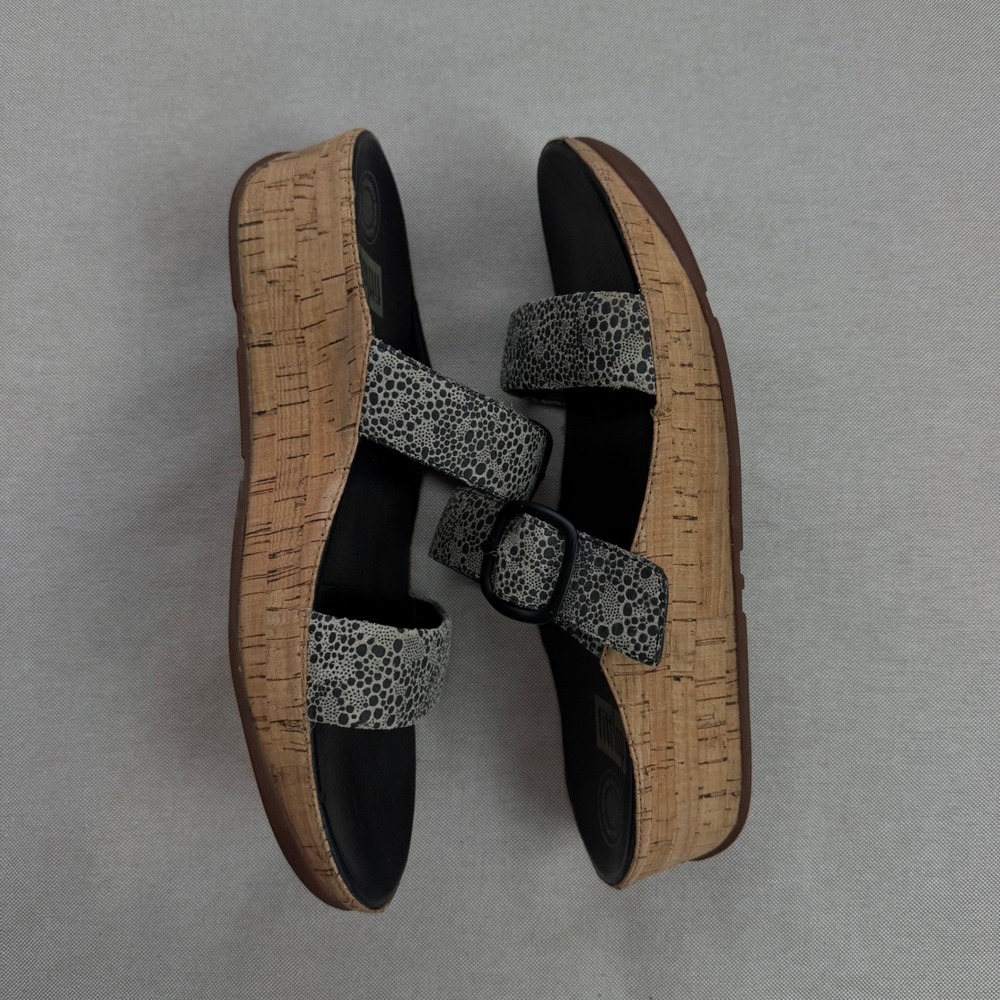 Fitflop Sz 10 Stack Slide Sandal Black White Cirque Print Platform Wedge Comfort - Picture 4 of 7